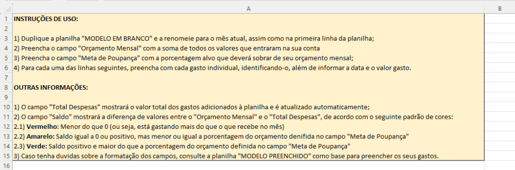 Instruções de uso para a Planilha de Gastos Mensais.